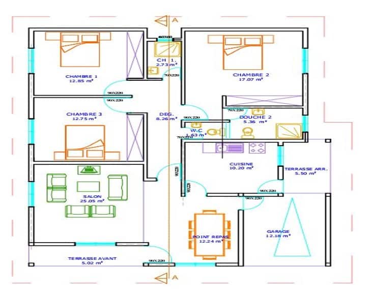 Vue en Plan villa 3-4 pièces jumelle type standing